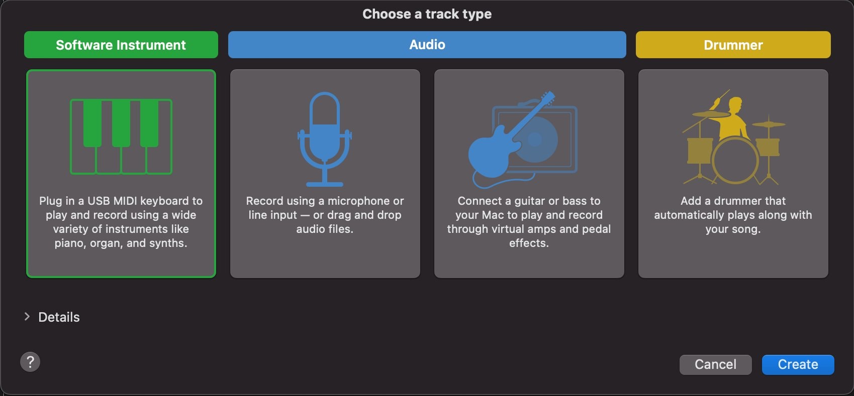 choose a track type in garageband