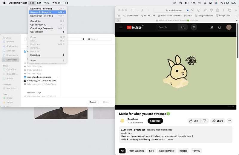open quicktime player to record sound from youtube