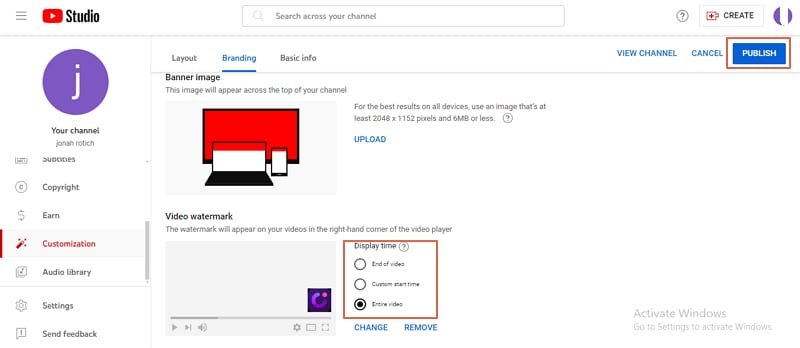 publish watermark to youtube videos