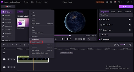 use audio detach to split audio and video