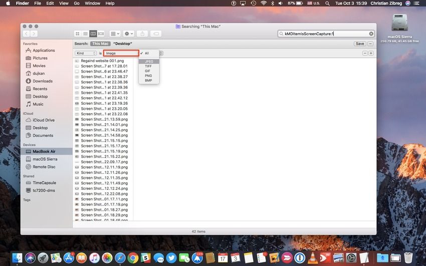 filter mac screenshots by format
