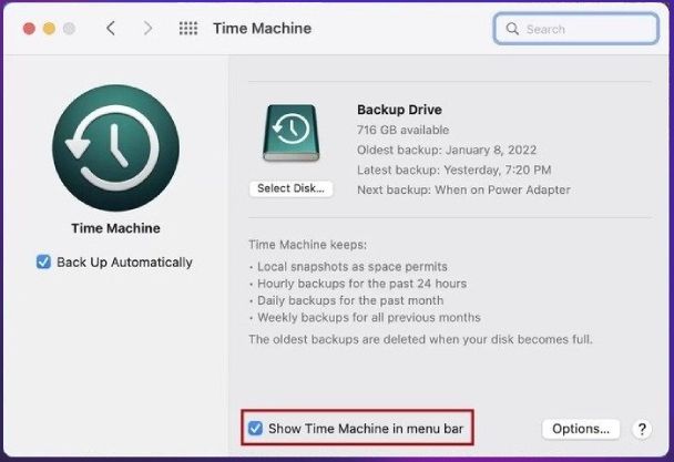 show time machine in the menu bar