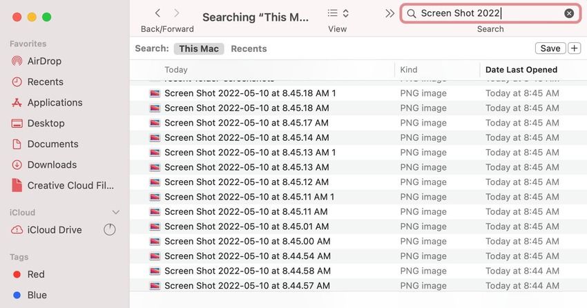 search for screenshots in the finder