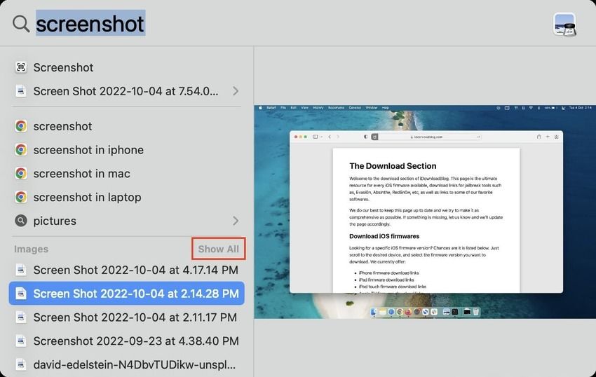 search for screenshots in spotlight