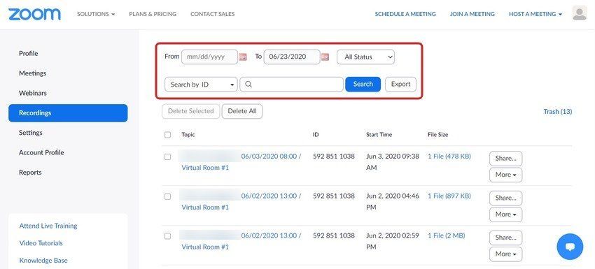 search filters for cloud zoom recordings