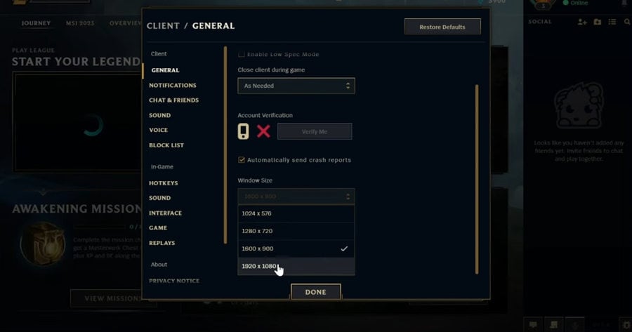 league of legends client windows size