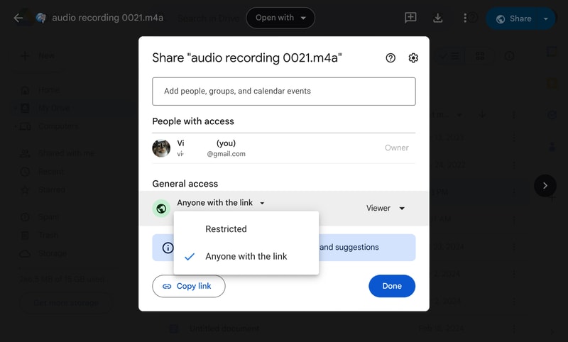 set the voice recording general access to anyone with the link