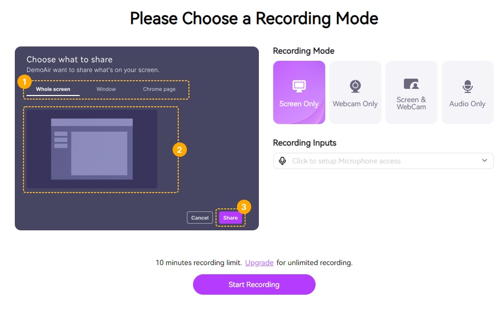 demoair select recording mode