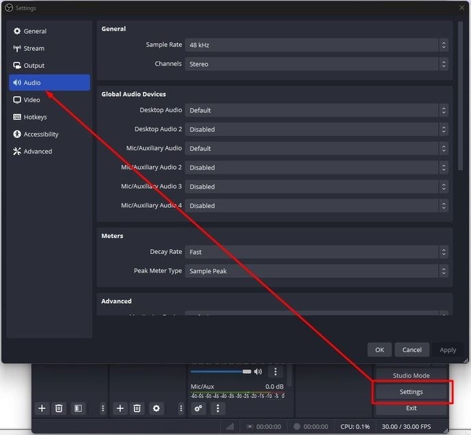 audio settings in obs studio