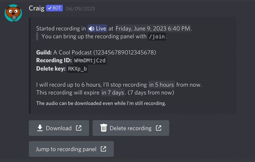 craig bot recording discord audio