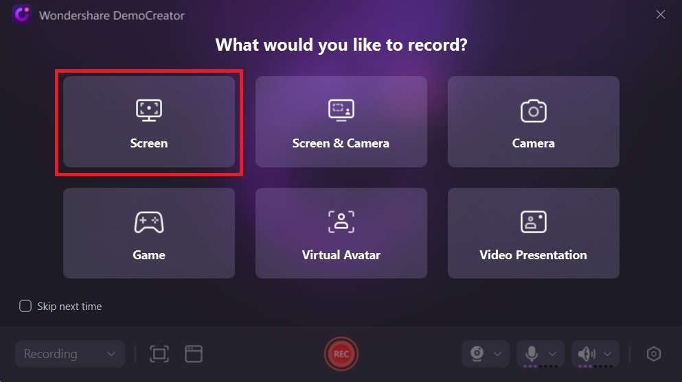 select the screen recording mode in democreator 