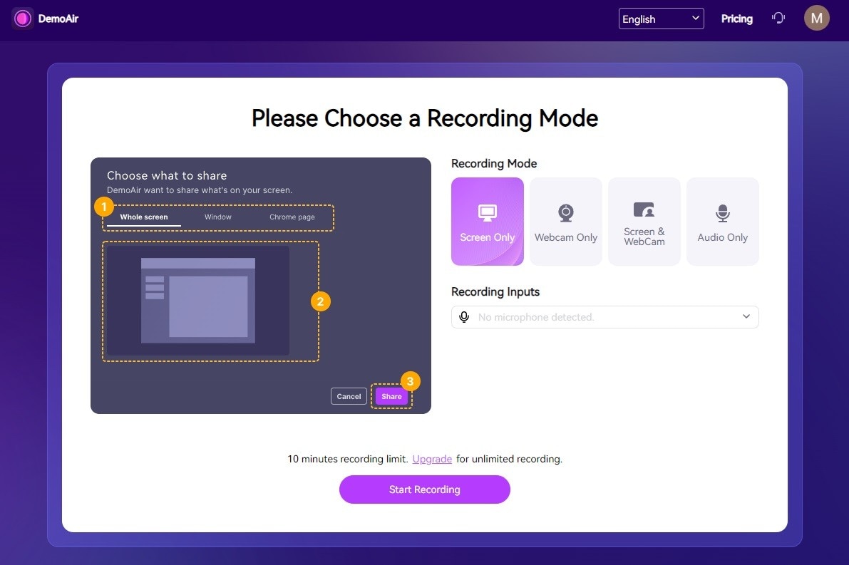 select the screen-only recording mode