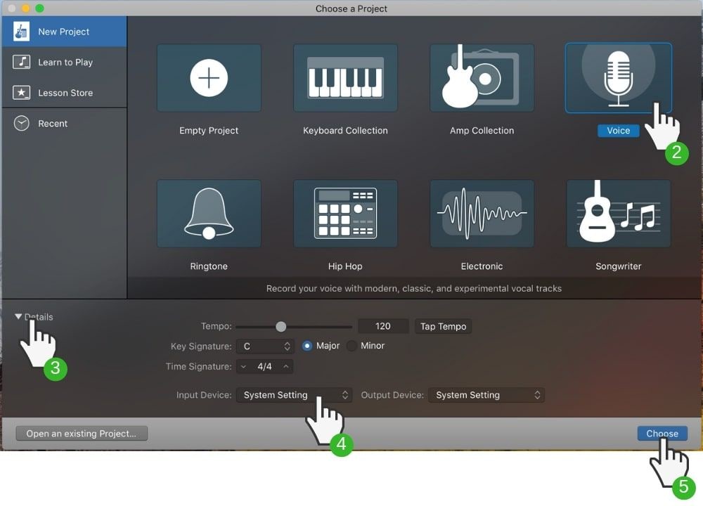 ajustes para gravação de voz no garageband