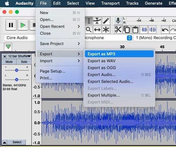 export as mp3 from audacity