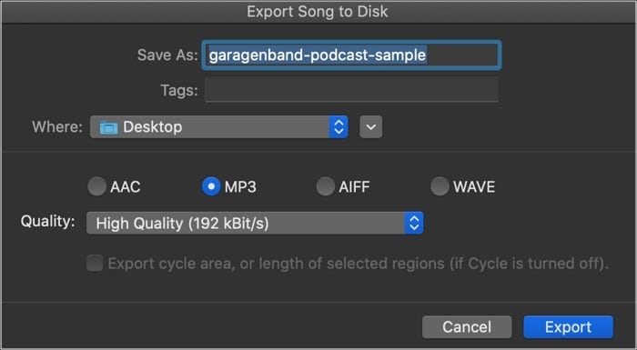 export mp3 audio format from garageband