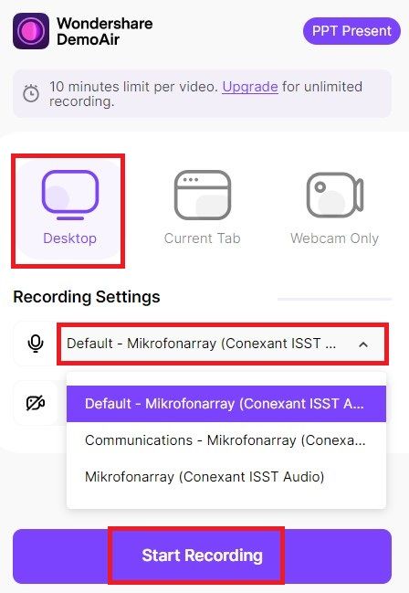 adjust settings for demoair screen recording