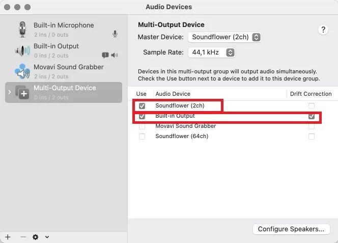 select soundflower multi output device on a mac