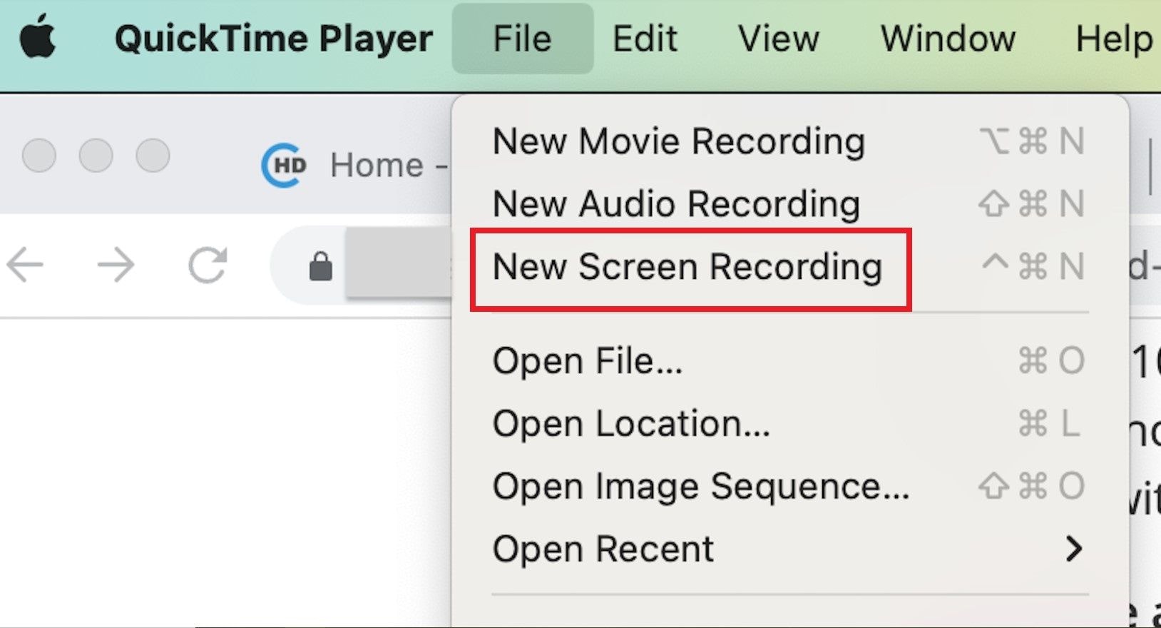 start a new screen recording in qucktime
