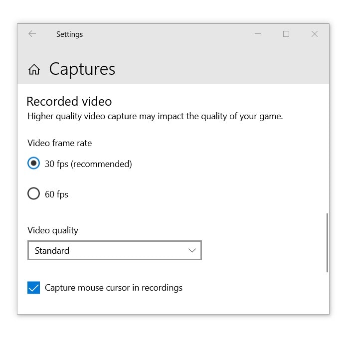 recorded video capture settings