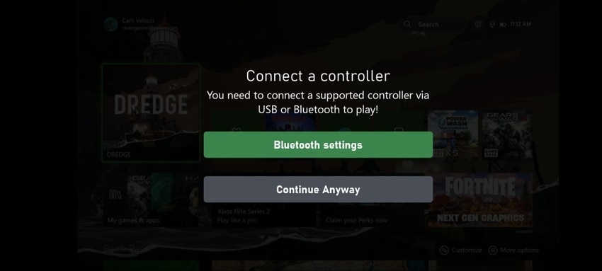 connect a controller or continue