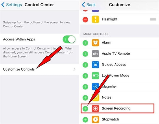 configuración del centro de control de ios 