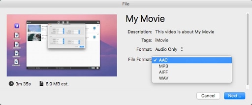 imovie extract mp3 file format