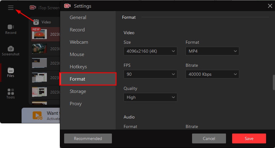 itop screen recorder customize the format