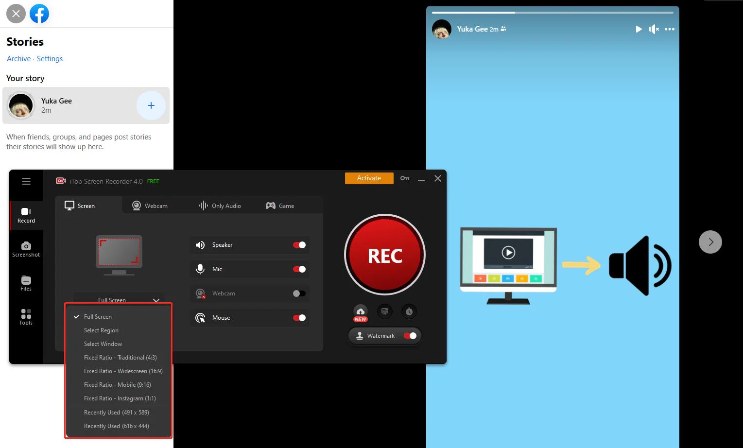 itop screen recorder records facebook story