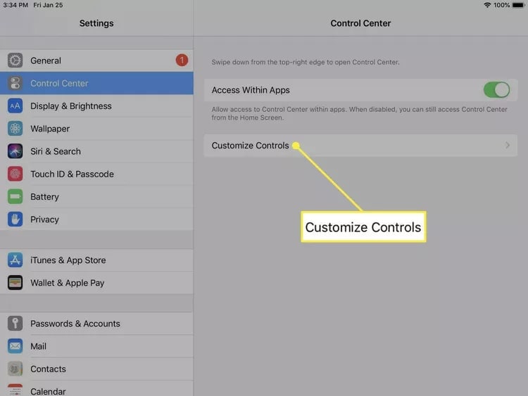 select customize controls in ipad control center