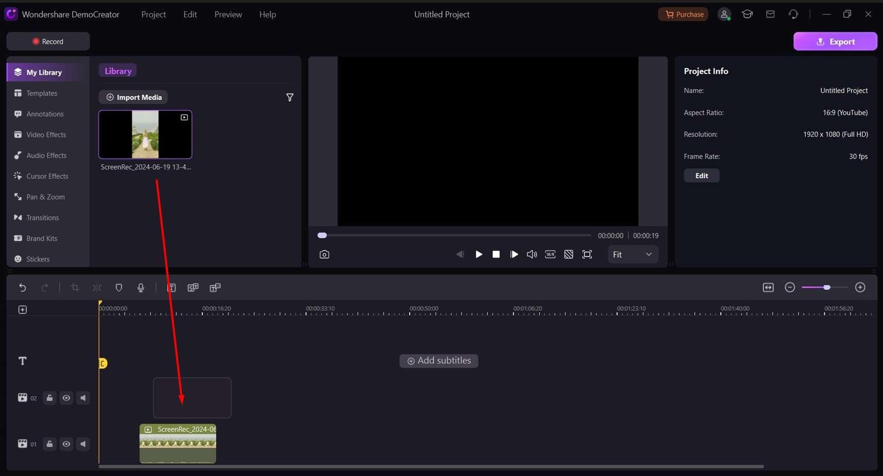 drag and drop a video to democreator timeline