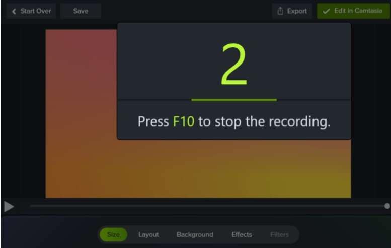 Screenshot showing how to stop camtasia's recording