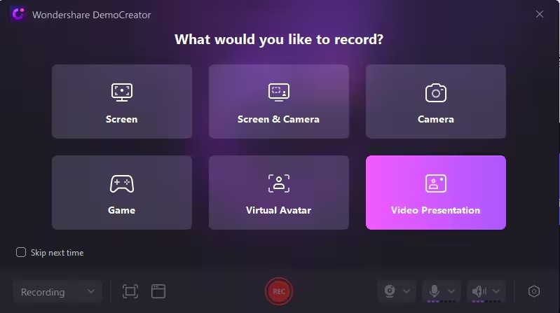 democreator main window for recording mode