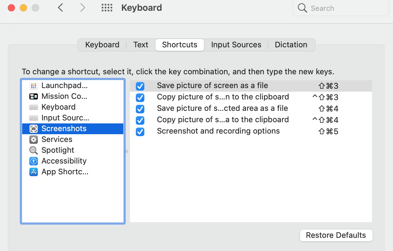 screenshots shortcuts customization