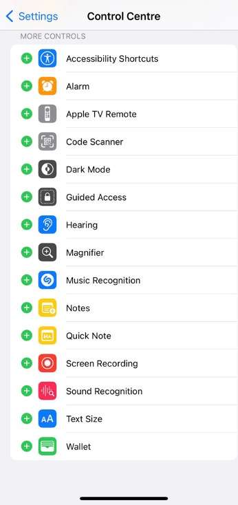 pantalla de ajustes del centro de control del iphone