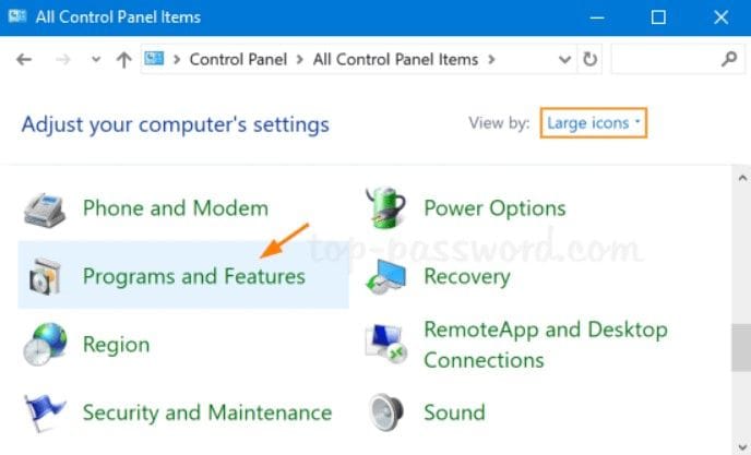 programs and features in control panel