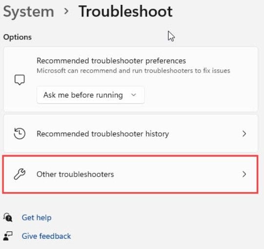 select other troubleshooters