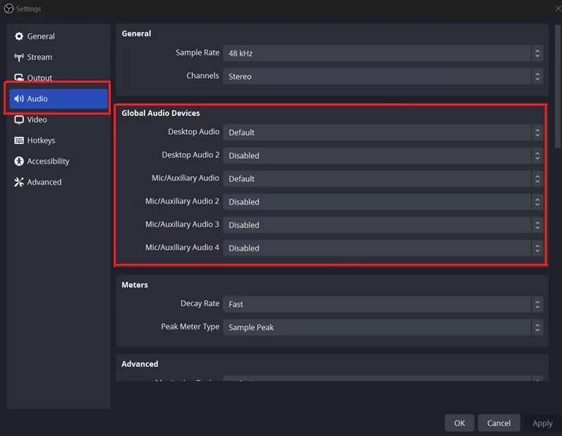 obs audio settings menu