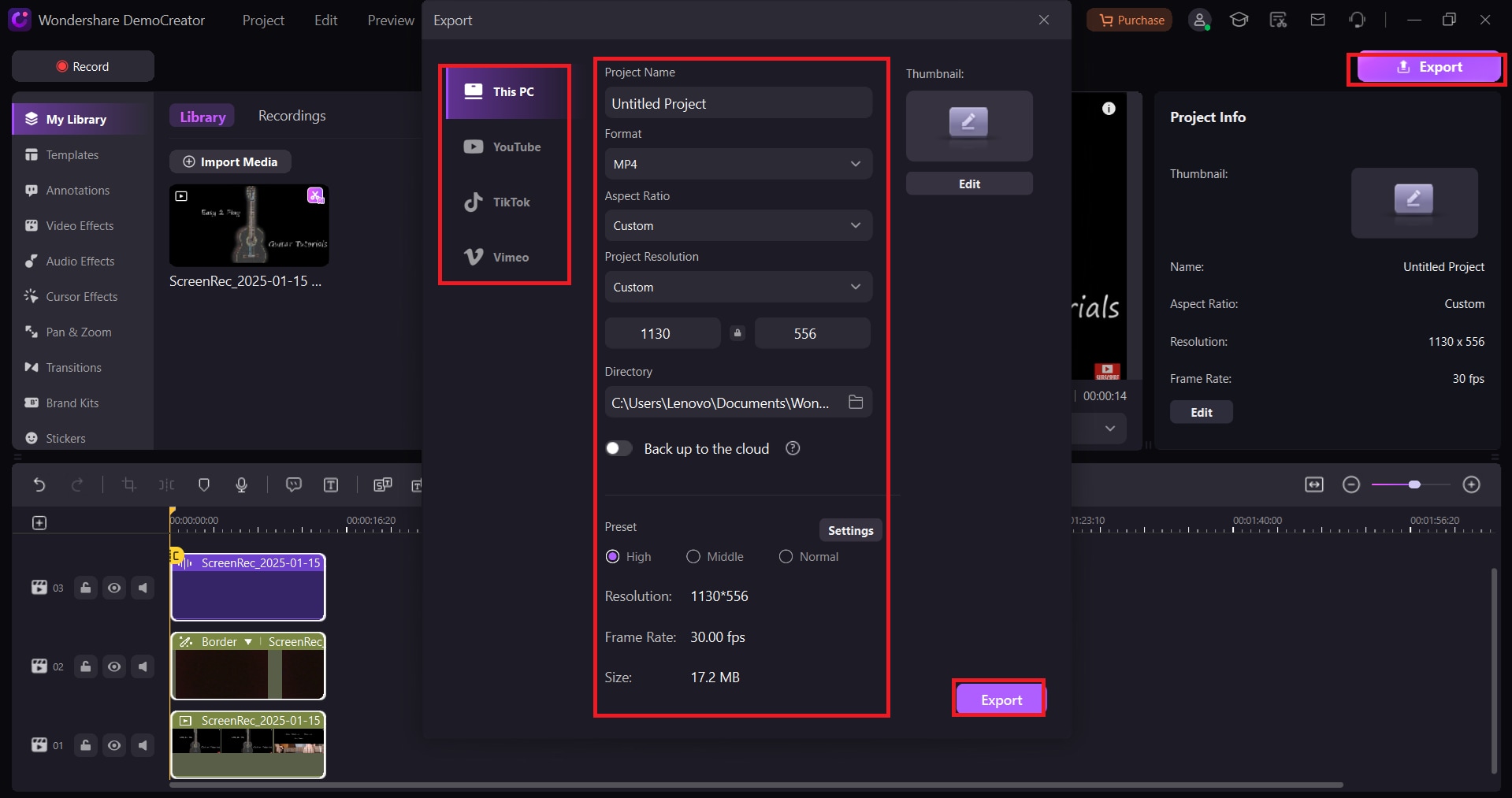 democreator export video mode