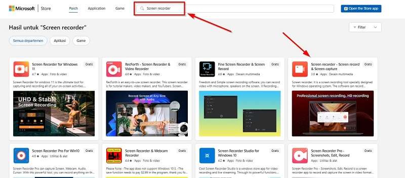 search in the microsoft store for a screen recorder 