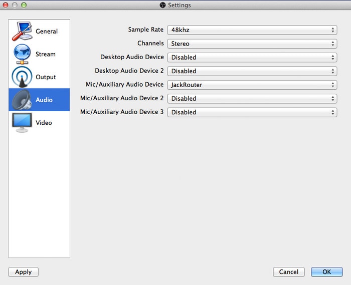 obs configurações de áudio mac