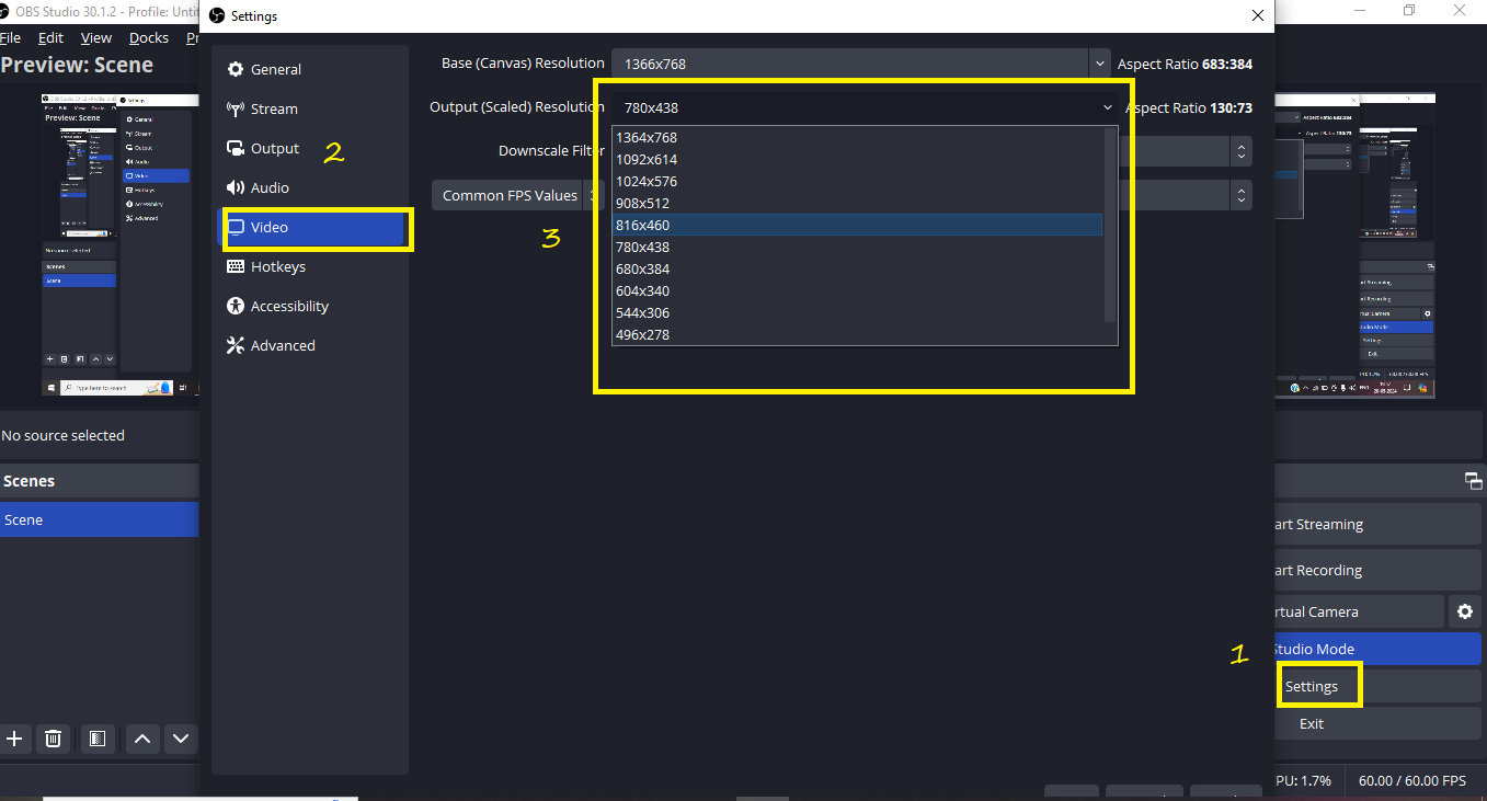 obs downgrade screen resolution