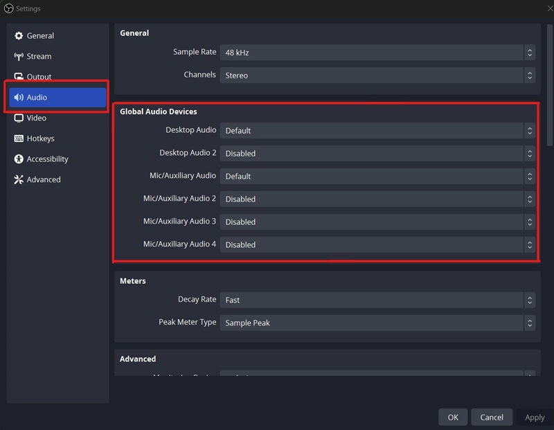 obs audio settings