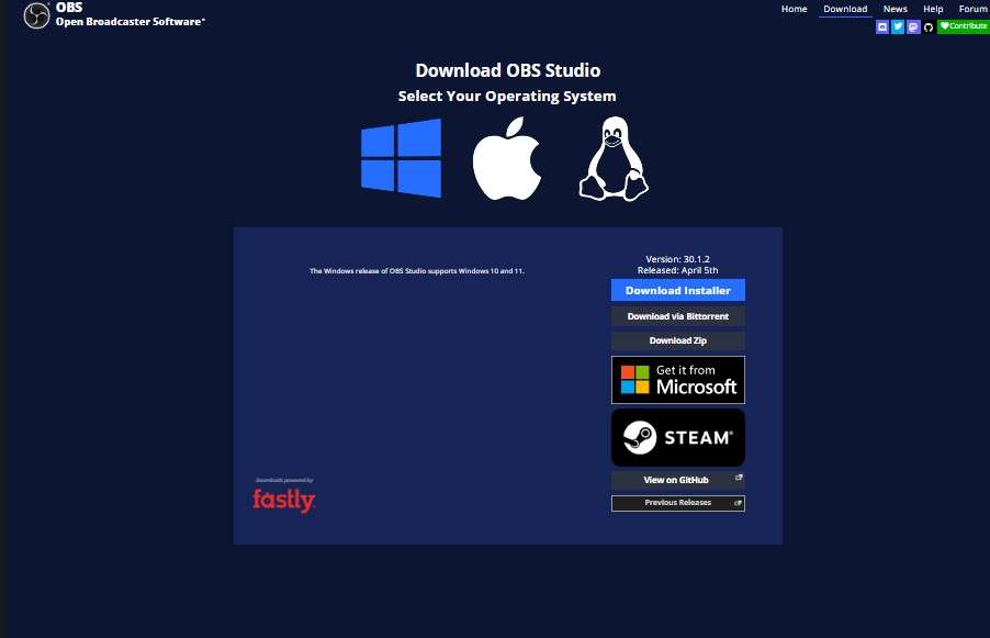 screenshot showing obs studio's download page