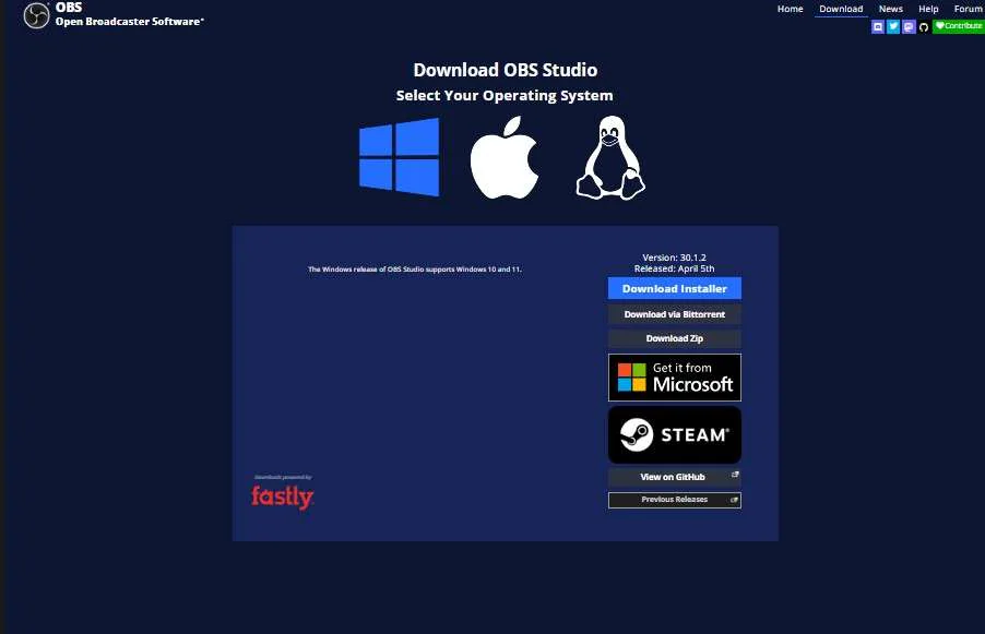 captura de pantalla que muestra la página de descarga de obs studio