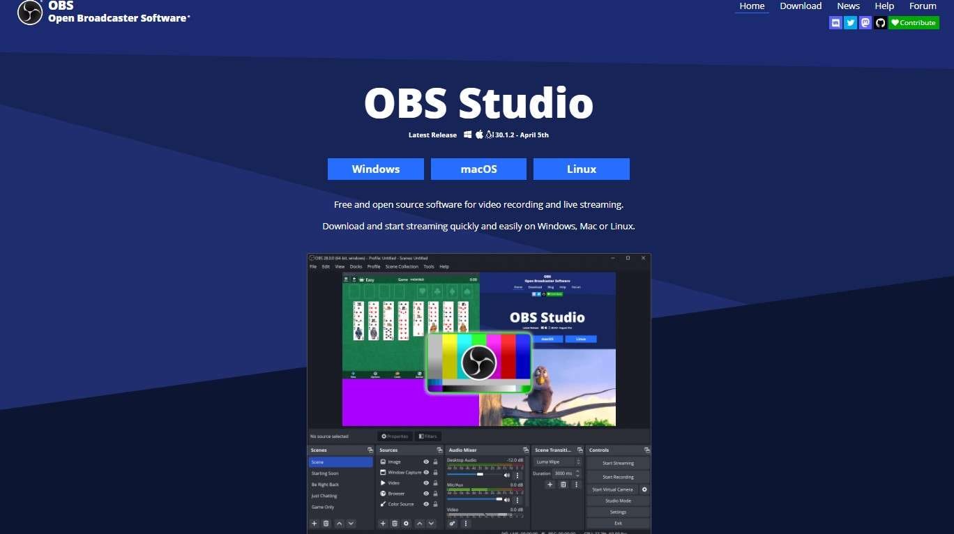 screenshot of obs studio's homepage