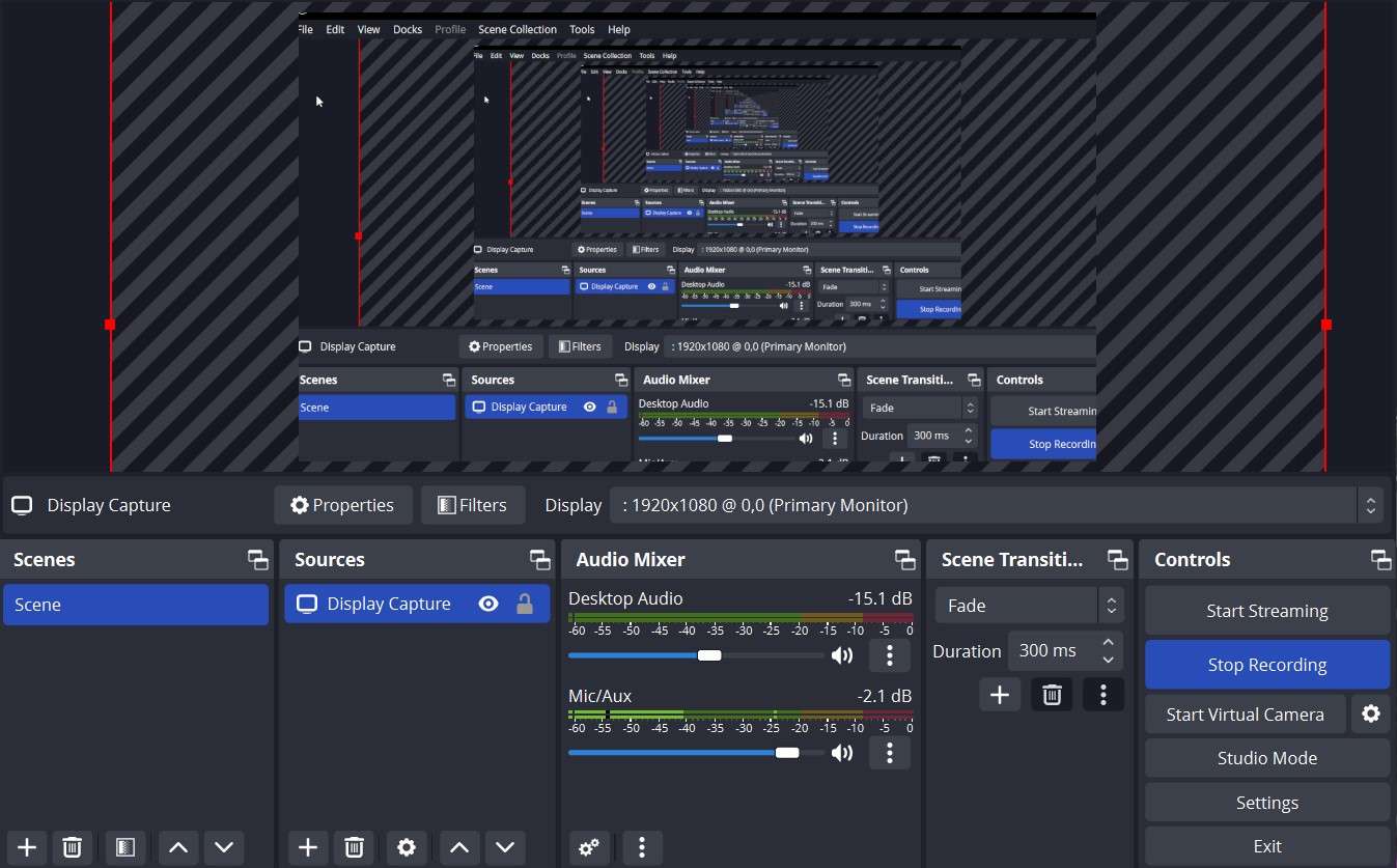 screenshot showing the screen recording suite in obs studio