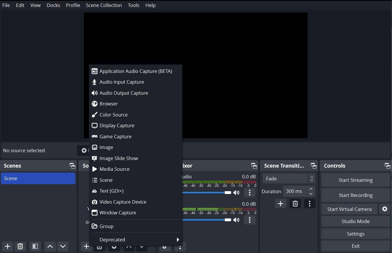 screenshot showing how to set scenes and sources on obs studio