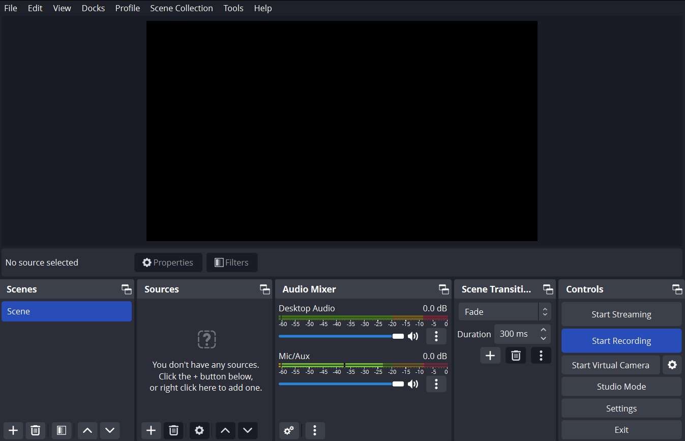 screenshot showing the start button in obs studio