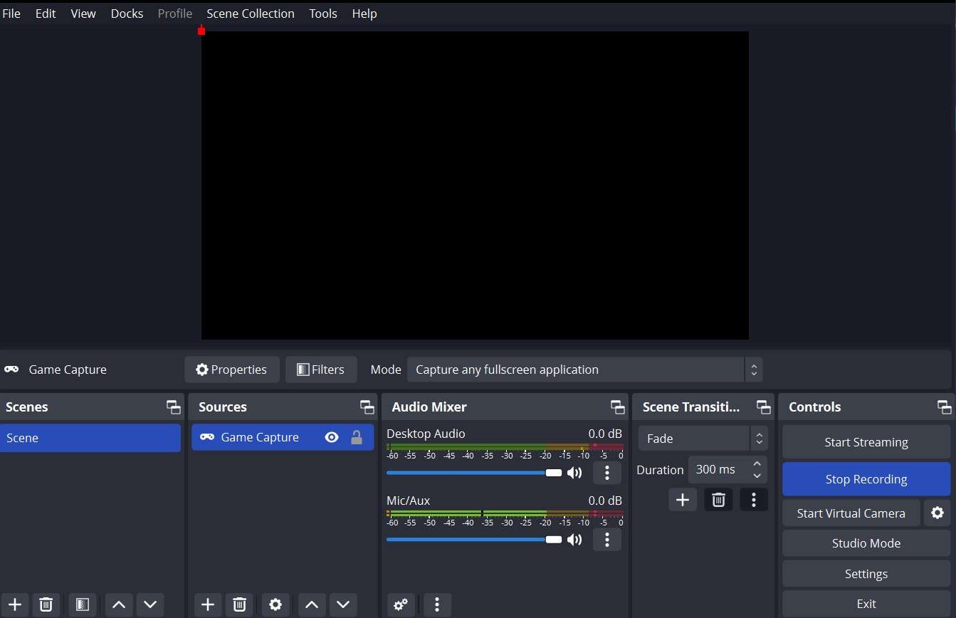 screenshot showing the stop recording button in obs studio