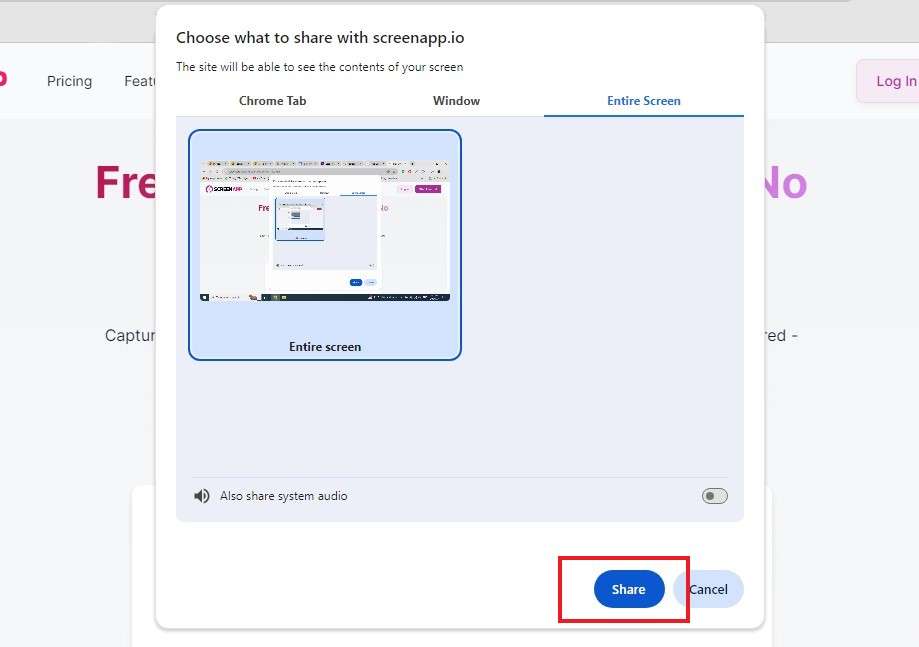 click share on a screen recorder online without watermarks